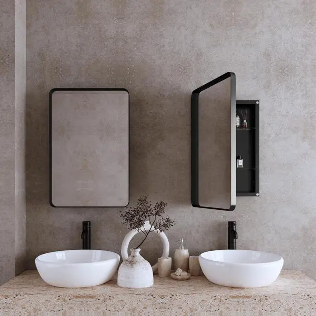 Alt view image 2 of 7 - 20x30 Inch Recessed Black Metal Framed Medicine Cabinet with Mirror and Adjustable Shelves Black Wall Mirror with Storage for Bathroom