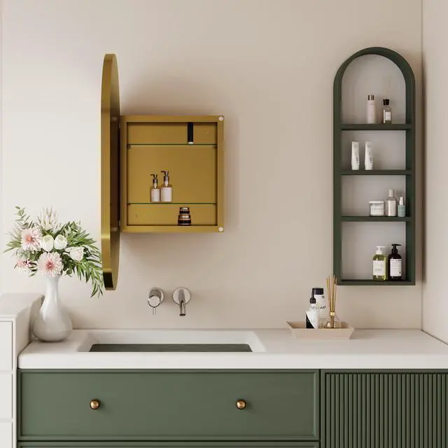 Alt view image 6 of 7 - 20x34 Inch Oval Recessed Medicine Cabinet, Metal Framed Bathroom Wall Cabinet with Mirror and Adjustable Shelves, Wall Mirror with Storage for Bathroom, Matte Gold