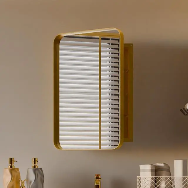 Alt view image 2 of 7 - 20x30 Inch Recessed Metal Framed Medicine Cabinet with Mirror and Adjustable Shelves Black Wall Mirror with Storage for Bathroom, Matte Gold