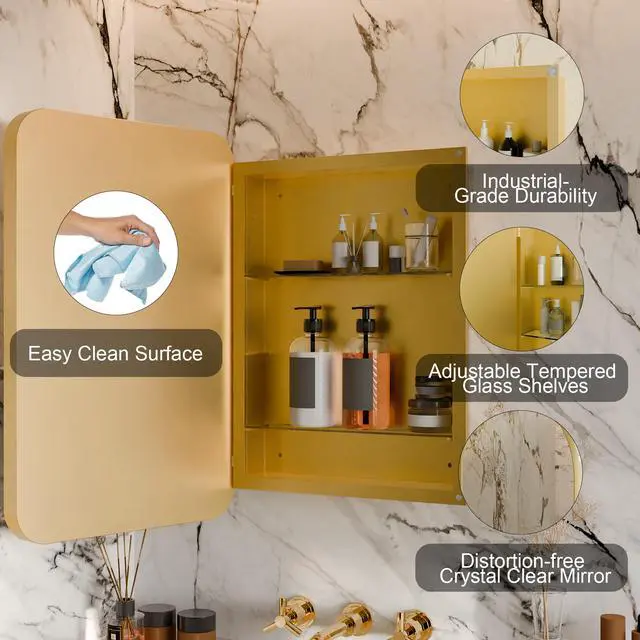 Alt view image 6 of 7 - 20x30 Inch Recessed Metal Framed Medicine Cabinet with Mirror and Adjustable Shelves Black Wall Mirror with Storage for Bathroom, Matte Gold