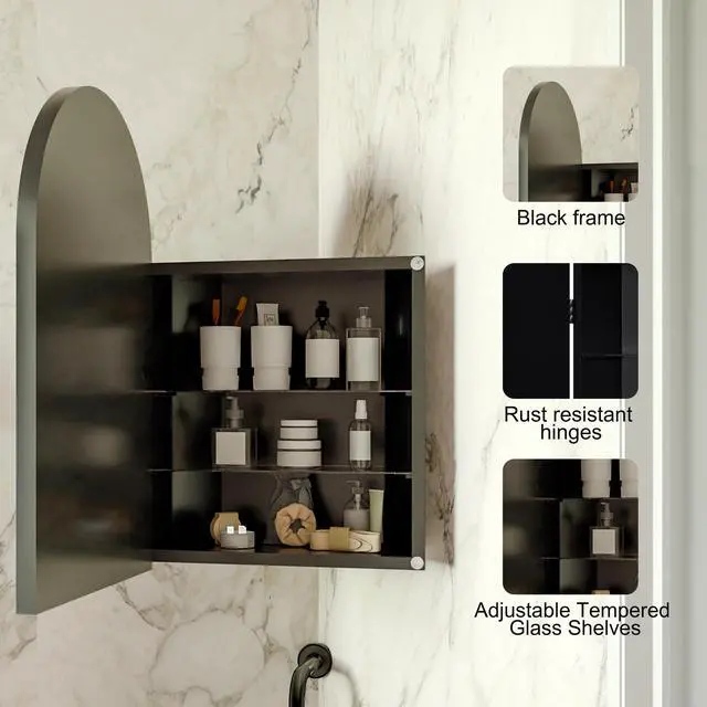 Alt view image 5 of 6 - 18x24 Inch Metal Corner Medicine Cabinet with Arched Mirror, Adjustable Glass Shelves, Space-Saving Bathroom Storage Organizer for Small Spaces, Matte Black