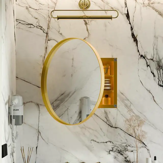 Main image of 23.6 Inch Surface Mount Round Metal Framed Medicine Cabinet with Mirror and Adjustable Shelves Black Wall Mirror with Storage for Bathroom, Matte Gold