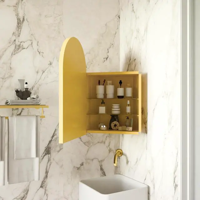 Alt view image 4 of 7 - 18x24 Inch Metal Corner Medicine Cabinet with Arched Mirror, Adjustable Glass Shelves, Space-Saving Bathroom Storage Organizer for Small Spaces, Matte Gold