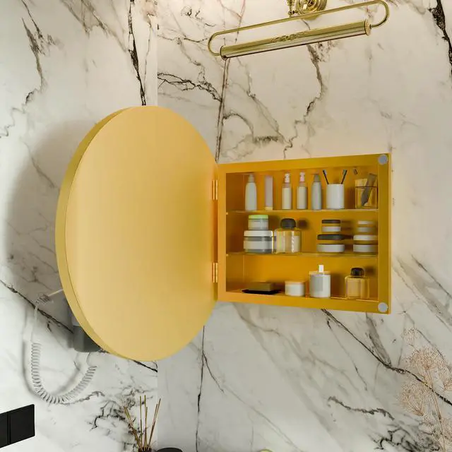 Alt view image 3 of 7 - 23.6 Inch Surface Mount Round Metal Framed Medicine Cabinet with Mirror and Adjustable Shelves Black Wall Mirror with Storage for Bathroom, Matte Gold