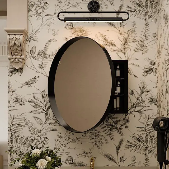 Main image of 23.6 Inch Surface Mount Round Metal Framed Medicine Cabinet with Mirror and Adjustable Shelves Black Wall Mirror with Storage for Bathroom, Black