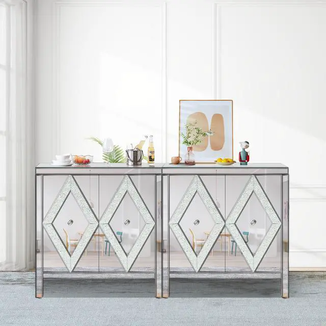 Alt view image 2 of 7 - Storage Cabinet With Mirror Trim And Diamond Shape Design Spliced Combination For Living Room, Dining Room, Entryway, Kitchen