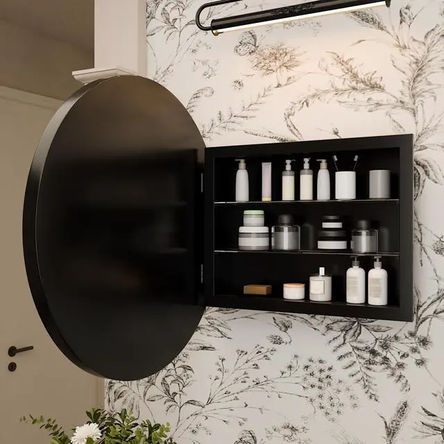 Alt view image 3 of 6 - 23.6 Inch Surface Mount Round Metal Framed Medicine Cabinet with Mirror and Adjustable Shelves Black Wall Mirror with Storage for Bathroom, Black