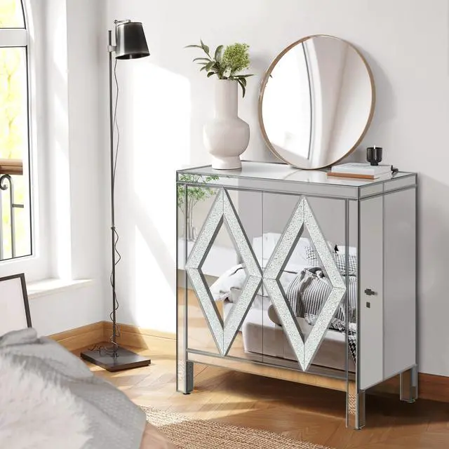 Alt view image 3 of 7 - Storage Cabinet With Mirror Trim And Diamond Shape Design Spliced Combination For Living Room, Dining Room, Entryway, Kitchen