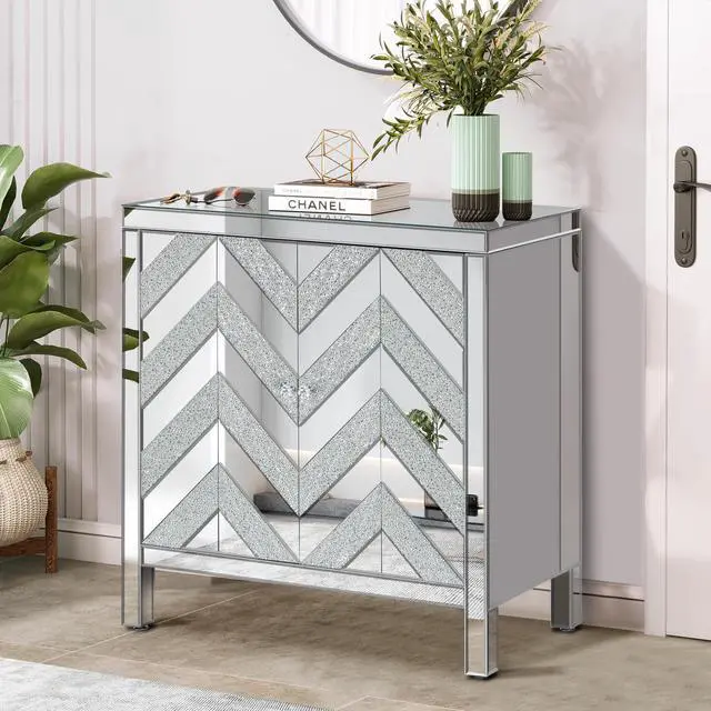 Alt view image 3 of 7 - Storage Cabinet with Mirror Trim and M Shape Design Spliced Combination For Living Room, Dining Room, Entryway, Kitchen