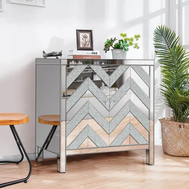 Alt view image 4 of 7 - Storage Cabinet with Mirror Trim and M Shape Design Spliced Combination For Living Room, Dining Room, Entryway, Kitchen