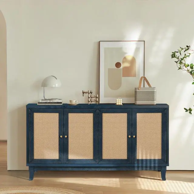 Alt view image 2 of 7 - Handcrafted Premium Grain Panels,Rattan Sideboard Buffer Cabinet,Accent Storage Cabinet With 4 Rattan Doors, Modern Storage Cupboard Console Table with Adjustable Shelves for Living Room ,BLUE