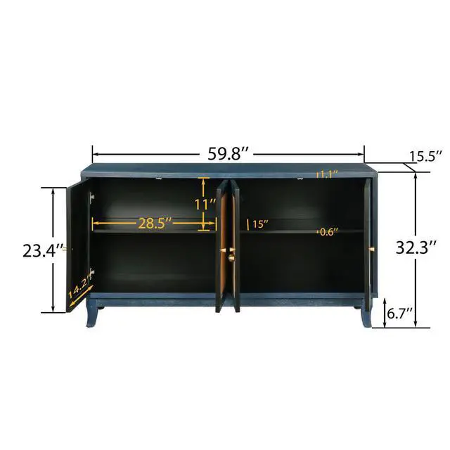 Alt view image 5 of 7 - Handcrafted Premium Grain Panels,Rattan Sideboard Buffer Cabinet,Accent Storage Cabinet With 4 Rattan Doors, Modern Storage Cupboard Console Table with Adjustable Shelves for Living Room ,BLUE