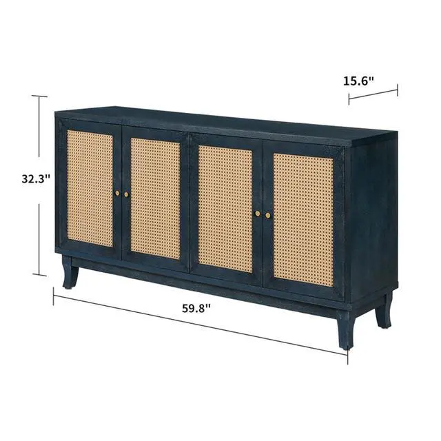 Alt view image 6 of 7 - Handcrafted Premium Grain Panels,Rattan Sideboard Buffer Cabinet,Accent Storage Cabinet With 4 Rattan Doors, Modern Storage Cupboard Console Table with Adjustable Shelves for Living Room ,BLUE