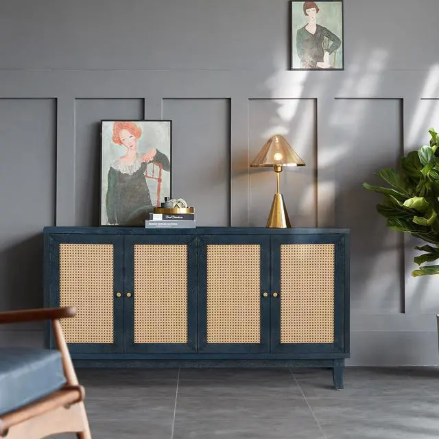 Main image of Handcrafted Premium Grain Panels,Rattan Sideboard Buffer Cabinet,Accent Storage Cabinet With 4 Rattan Doors, Modern Storage Cupboard Console Table with Adjustable Shelves for Living Room ,BLUE