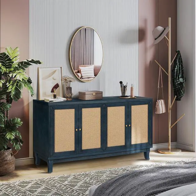 Alt view image 4 of 7 - Handcrafted Premium Grain Panels,Rattan Sideboard Buffer Cabinet,Accent Storage Cabinet With 4 Rattan Doors, Modern Storage Cupboard Console Table with Adjustable Shelves for Living Room ,BLUE