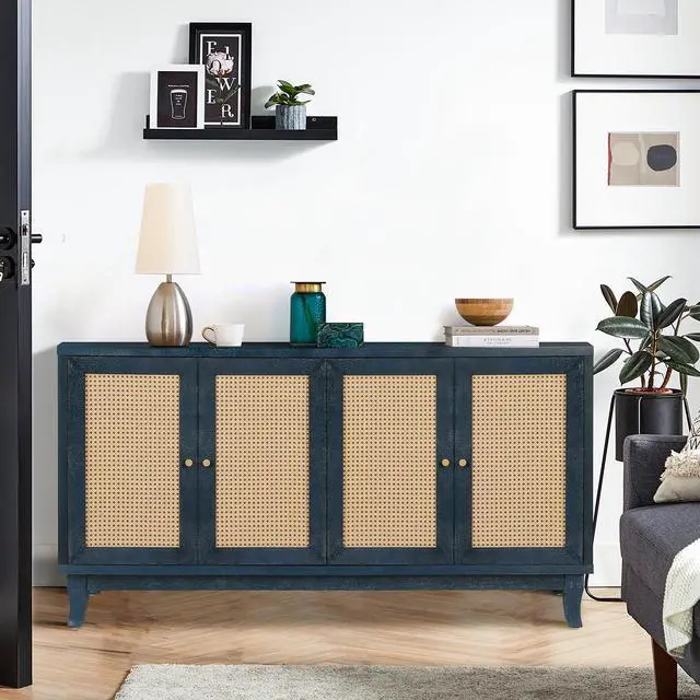 Alt view image 3 of 7 - Handcrafted Premium Grain Panels,Rattan Sideboard Buffer Cabinet,Accent Storage Cabinet With 4 Rattan Doors, Modern Storage Cupboard Console Table with Adjustable Shelves for Living Room ,BLUE