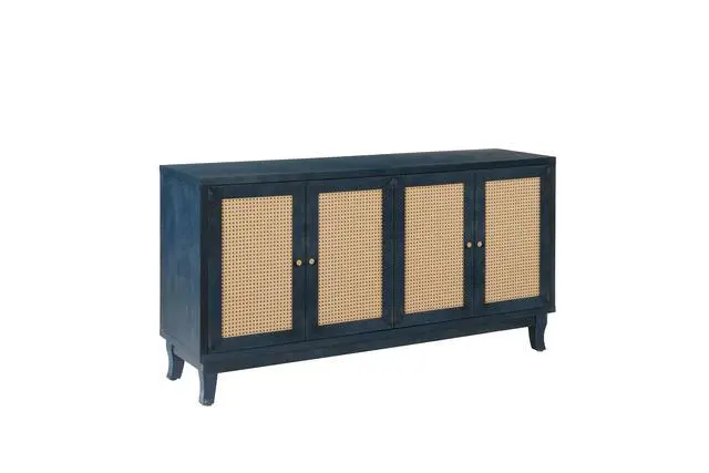 Alt view image 7 of 7 - Handcrafted Premium Grain Panels,Rattan Sideboard Buffer Cabinet,Accent Storage Cabinet With 4 Rattan Doors, Modern Storage Cupboard Console Table with Adjustable Shelves for Living Room ,BLUE