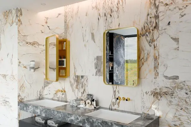 Alt view image 5 of 7 - 20x30 Inch Recessed Metal Framed Medicine Cabinet with Mirror and Adjustable Shelves Black Wall Mirror with Storage for Bathroom, Matte Gold