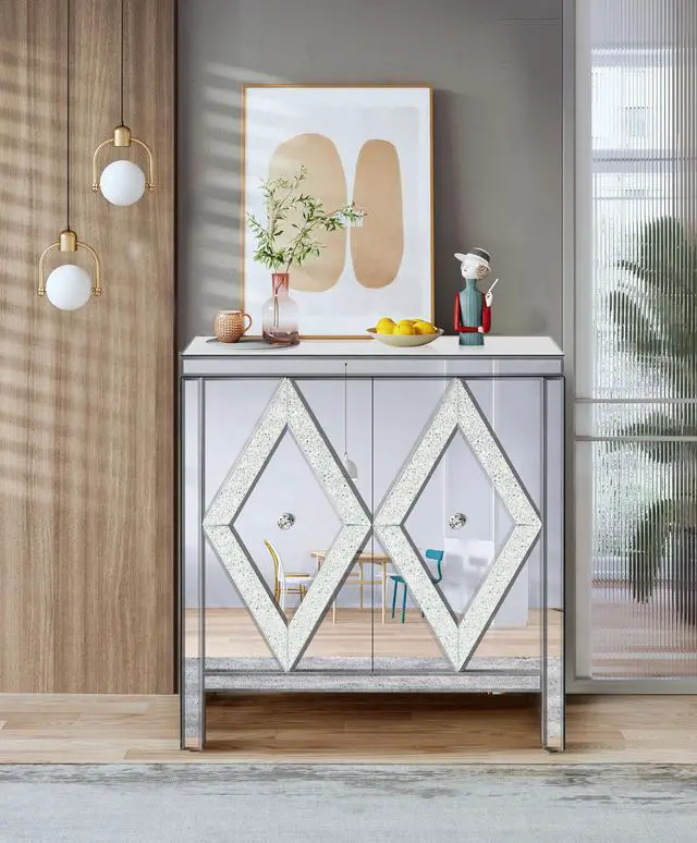 Alt view image 4 of 7 - Storage Cabinet With Mirror Trim And Diamond Shape Design Spliced Combination For Living Room, Dining Room, Entryway, Kitchen