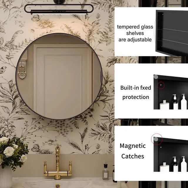 Alt view image 6 of 6 - 23.6 Inch Surface Mount Round Metal Framed Medicine Cabinet with Mirror and Adjustable Shelves Black Wall Mirror with Storage for Bathroom, Black