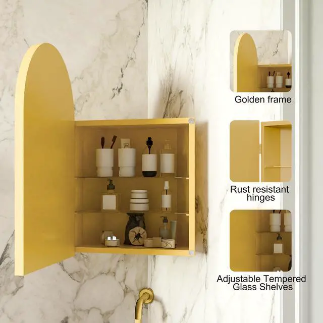 Alt view image 5 of 7 - 18x24 Inch Metal Corner Medicine Cabinet with Arched Mirror, Adjustable Glass Shelves, Space-Saving Bathroom Storage Organizer for Small Spaces, Matte Gold