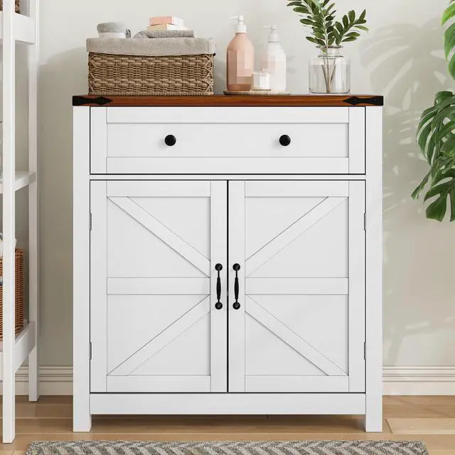 Alt view image 2 of 7 - Farmhouse Storage Cabinet with Drawer and Adjustable Shelf, White Kitchen Cabinet with Walnut Countertop, Modern Coffee Bar Console Cabinet for Kitchen, Dining Room, Bathroom, Entryway