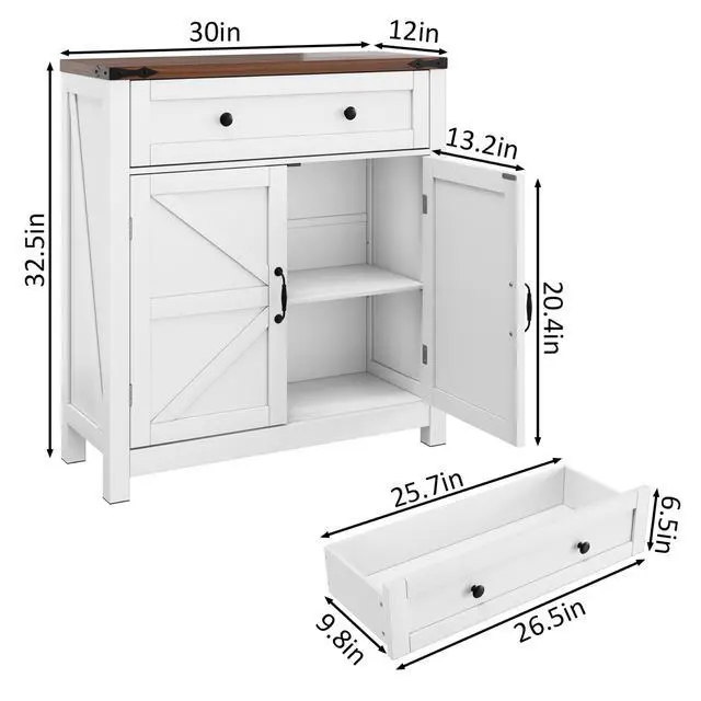 Alt view image 3 of 7 - Farmhouse Storage Cabinet with Drawer and Adjustable Shelf, White Kitchen Cabinet with Walnut Countertop, Modern Coffee Bar Console Cabinet for Kitchen, Dining Room, Bathroom, Entryway