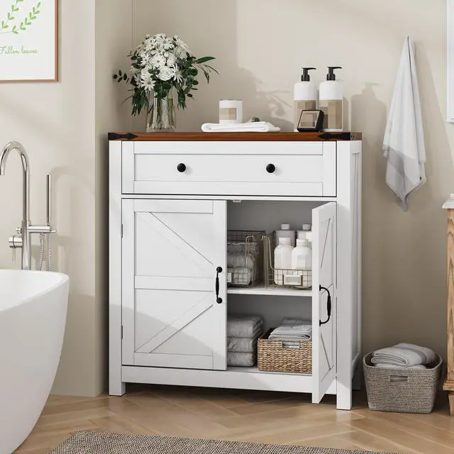Alt view image 4 of 7 - Farmhouse Storage Cabinet with Drawer and Adjustable Shelf, White Kitchen Cabinet with Walnut Countertop, Modern Coffee Bar Console Cabinet for Kitchen, Dining Room, Bathroom, Entryway