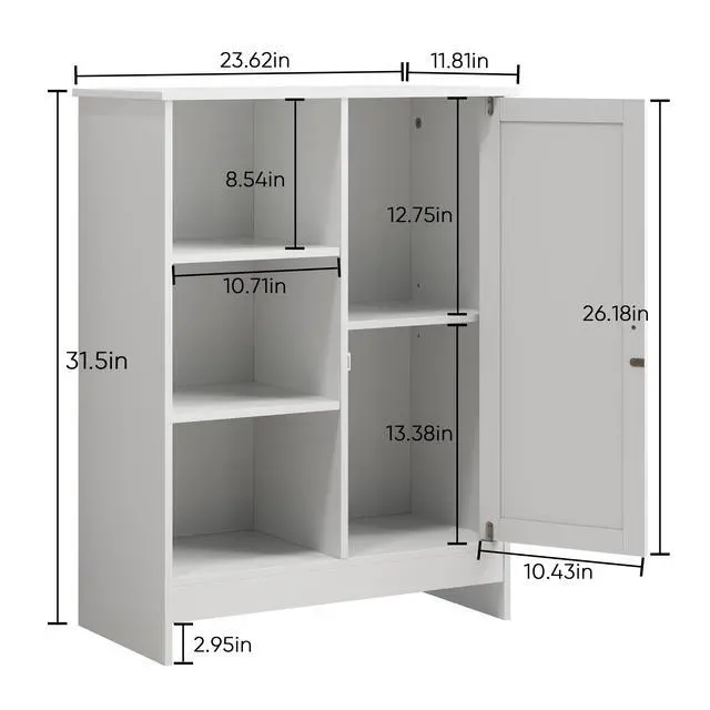 Alt view image 3 of 7 - Bathroom Cabinet, Kitchen Freestanding Storage Rack, 23.62" x 11.81" x 31.5" Floor Storage Cabinet with 1 Cabinet, 3 Open Compartments, Adjustable Shelves, White