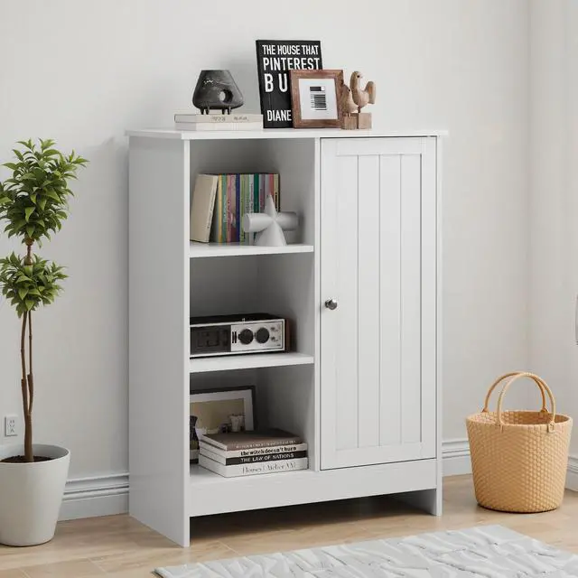 Alt view image 2 of 7 - Bathroom Cabinet, Kitchen Freestanding Storage Rack, 23.62" x 11.81" x 31.5" Floor Storage Cabinet with 1 Cabinet, 3 Open Compartments, Adjustable Shelves, White