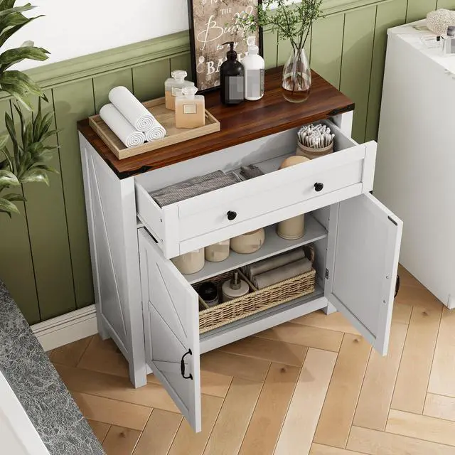 Alt view image 5 of 7 - Farmhouse Storage Cabinet with Drawer and Adjustable Shelf, White Kitchen Cabinet with Walnut Countertop, Modern Coffee Bar Console Cabinet for Kitchen, Dining Room, Bathroom, Entryway