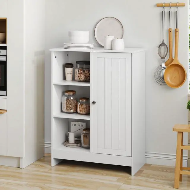 Alt view image 4 of 7 - Bathroom Cabinet, Kitchen Freestanding Storage Rack, 23.62" x 11.81" x 31.5" Floor Storage Cabinet with 1 Cabinet, 3 Open Compartments, Adjustable Shelves, White