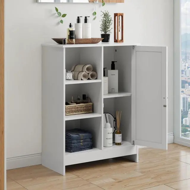 Alt view image 5 of 7 - Bathroom Cabinet, Kitchen Freestanding Storage Rack, 23.62" x 11.81" x 31.5" Floor Storage Cabinet with 1 Cabinet, 3 Open Compartments, Adjustable Shelves, White