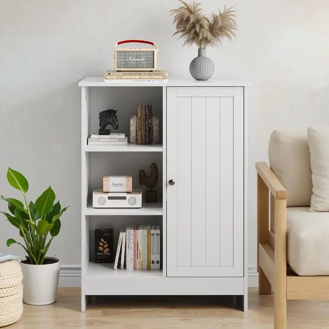 Alt view image 6 of 7 - Bathroom Cabinet, Kitchen Freestanding Storage Rack, 23.62" x 11.81" x 31.5" Floor Storage Cabinet with 1 Cabinet, 3 Open Compartments, Adjustable Shelves, White