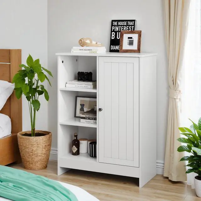Alt view image 7 of 7 - Bathroom Cabinet, Kitchen Freestanding Storage Rack, 23.62" x 11.81" x 31.5" Floor Storage Cabinet with 1 Cabinet, 3 Open Compartments, Adjustable Shelves, White