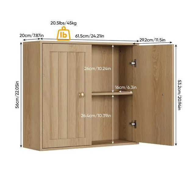 Alt view image 3 of 7 - Wall-Mounted Bathroom Cabinet, Double-Door Medicine Cabinet with Vertical Grooved Design,Wall-Mounted Storage Cabinet for Bathrooms, Restrooms, and Hallways (Oak )