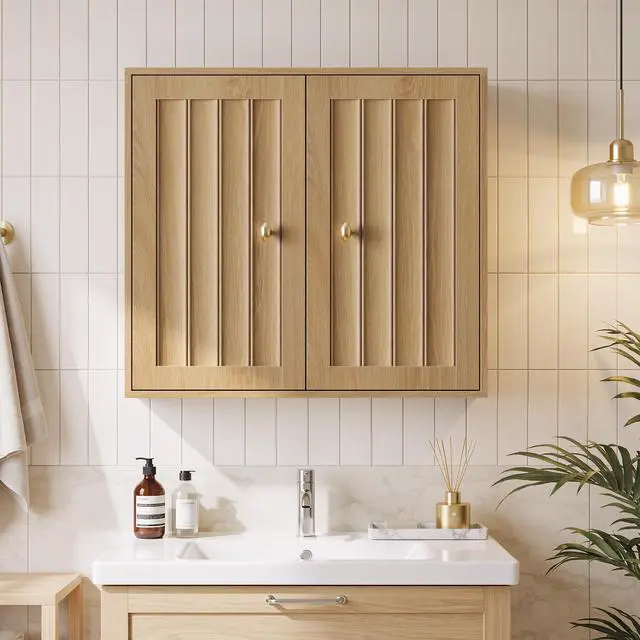 Alt view image 4 of 7 - Wall-Mounted Bathroom Cabinet, Double-Door Medicine Cabinet with Vertical Grooved Design,Wall-Mounted Storage Cabinet for Bathrooms, Restrooms, and Hallways (Oak )