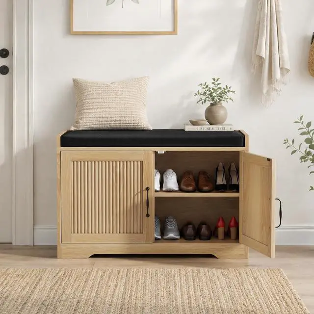 Main image of 31.5-inch oak-colored entryway shoe bench, entryway storage bench with double doors and comfortable upholstery, suitable for hallway and entrance areas.