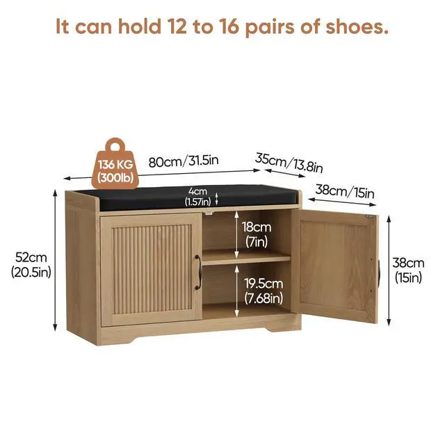 Alt view image 2 of 7 - 31.5-inch oak-colored entryway shoe bench, entryway storage bench with double doors and comfortable upholstery, suitable for hallway and entrance areas.