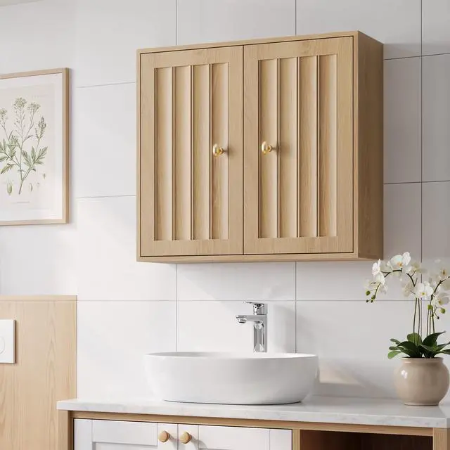 Alt view image 5 of 7 - Wall-Mounted Bathroom Cabinet, Double-Door Medicine Cabinet with Vertical Grooved Design,Wall-Mounted Storage Cabinet for Bathrooms, Restrooms, and Hallways (Oak )