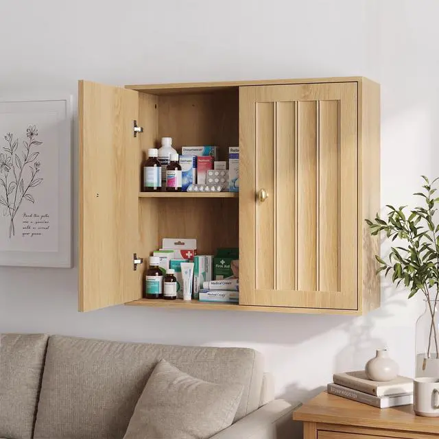 Alt view image 2 of 7 - Wall-Mounted Bathroom Cabinet, Double-Door Medicine Cabinet with Vertical Grooved Design,Wall-Mounted Storage Cabinet for Bathrooms, Restrooms, and Hallways (Oak )