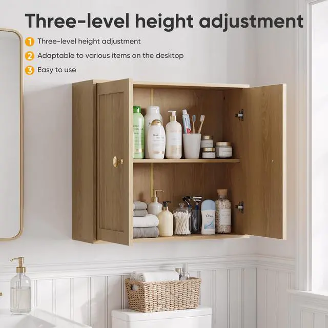 Alt view image 6 of 7 - Wall-Mounted Bathroom Cabinet, Double-Door Medicine Cabinet with Vertical Grooved Design,Wall-Mounted Storage Cabinet for Bathrooms, Restrooms, and Hallways (Oak )