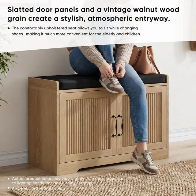 Alt view image 6 of 7 - 31.5-inch oak-colored entryway shoe bench, entryway storage bench with double doors and comfortable upholstery, suitable for hallway and entrance areas.