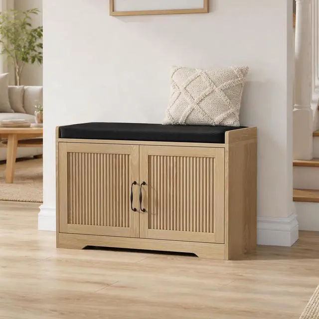 Alt view image 3 of 7 - 31.5-inch oak-colored entryway shoe bench, entryway storage bench with double doors and comfortable upholstery, suitable for hallway and entrance areas.