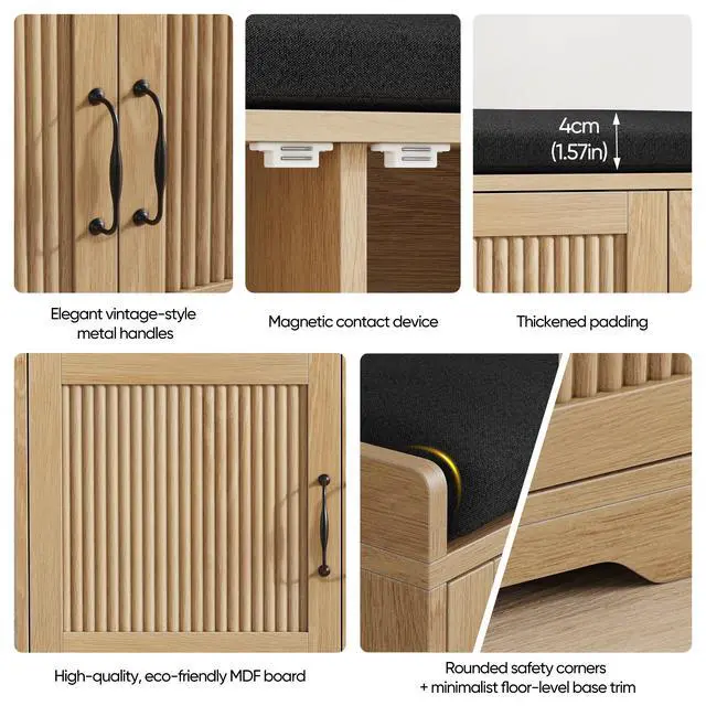 Alt view image 7 of 7 - 31.5-inch oak-colored entryway shoe bench, entryway storage bench with double doors and comfortable upholstery, suitable for hallway and entrance areas.