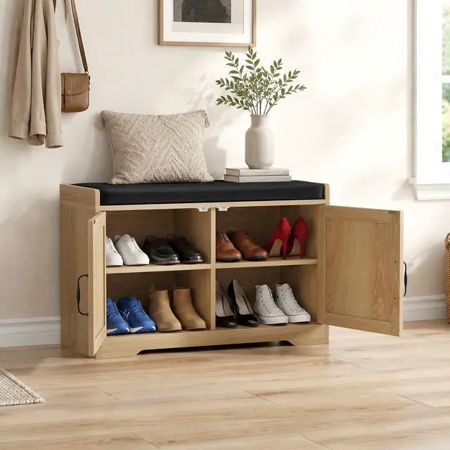 Alt view image 4 of 7 - 31.5-inch oak-colored entryway shoe bench, entryway storage bench with double doors and comfortable upholstery, suitable for hallway and entrance areas.