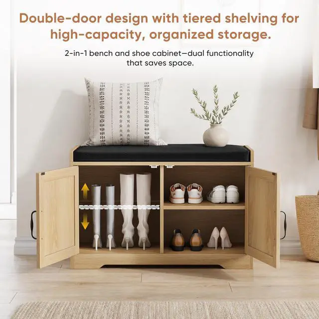 Alt view image 5 of 7 - 31.5-inch oak-colored entryway shoe bench, entryway storage bench with double doors and comfortable upholstery, suitable for hallway and entrance areas.