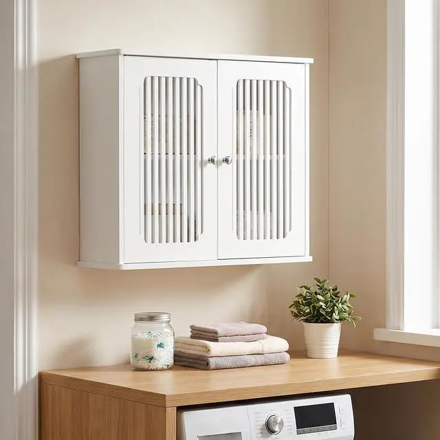 Alt view image 3 of 7 - Bathroom wall-mounted cabinet, louvered double-door wall-mounted bathroom storage cabinet, practical medicine cabinet, household wall storage cabinet, white.