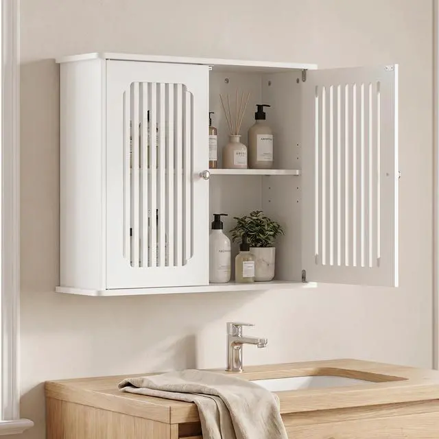 Alt view image 4 of 7 - Bathroom wall-mounted cabinet, louvered double-door wall-mounted bathroom storage cabinet, practical medicine cabinet, household wall storage cabinet, white.