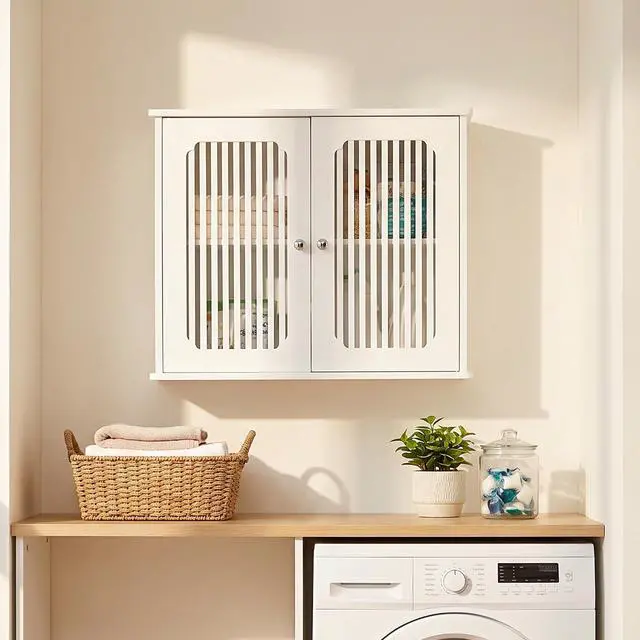 Main image of Bathroom wall-mounted cabinet, louvered double-door wall-mounted bathroom storage cabinet, practical medicine cabinet, household wall storage cabinet, white.